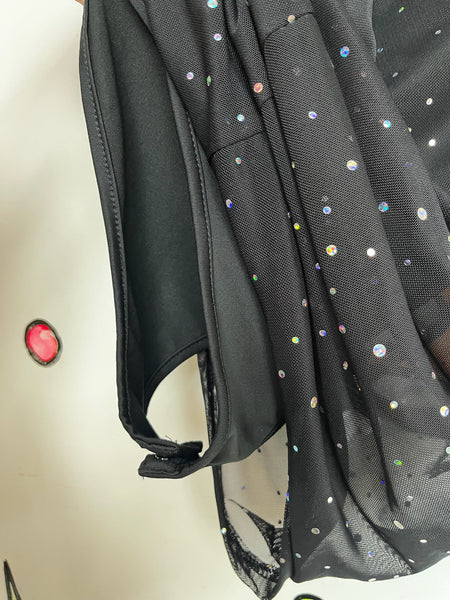 Vintage Y2K Dance Costume ' Black & Silver Glitter Circus Leotard Playsuit - Goth Glam