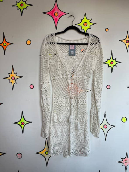Vintage White Crochet Mini Dress | Fairy Whimsy Boho Grunge Festival Dress | S