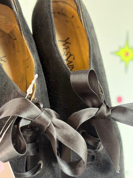 Vintage Yves Saint Laurent Black Suede Pumps 90s Victorian Heels Paris Chic 5.5
