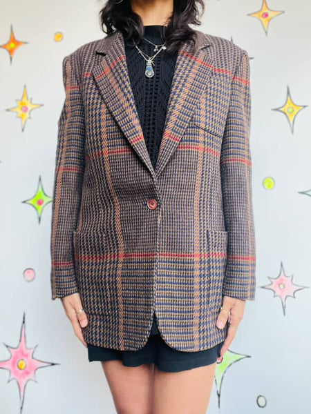 Vintage 80s Brown Houndstooth Blazer Jones New York Wool Look Classic Jacket - 6