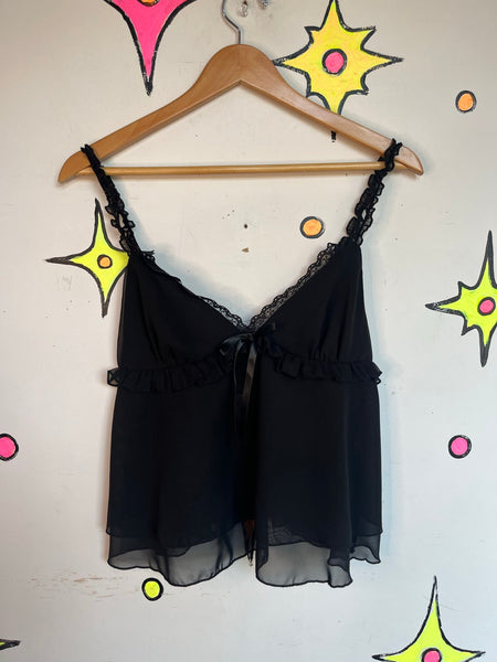 Black Ruffle Babydoll Cami Whimsy Goth Fairycore Romantic Lounge Top L