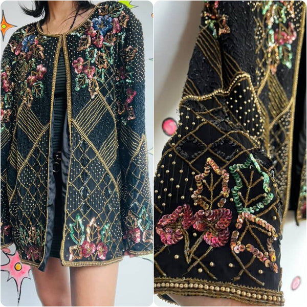 Vintage 80s Art Deco Silk Sequin Party Blouse Jacket – Lawrence Kazar XL