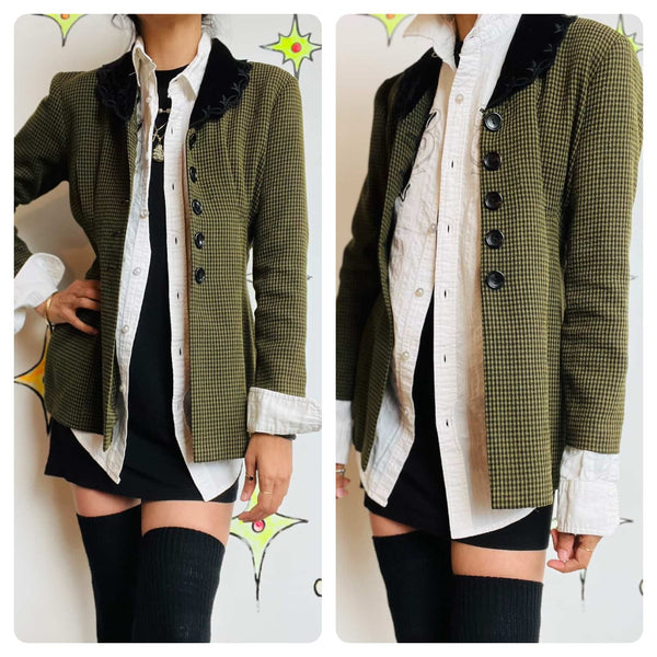 90s Does 40s Velvet Scallop Collar Houndstooth Blazer | Goth Grunge Revival | S