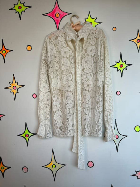 Vintage 70s White Sheer Lace Rococo Babydoll Grunge Boho Bow Neck Top Blouse | L