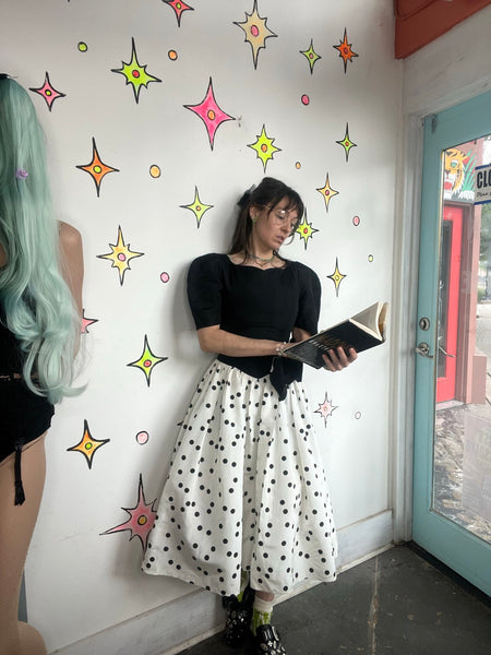Gunne Sax 80s Party Cupcake Dress Black and White Polka Dot Poofy Crinoline S