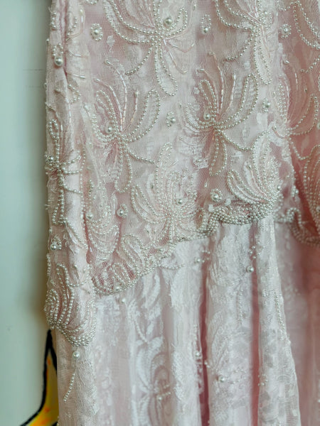 Vintage 80s Pink Pearl Beaded Lace Formal Gown Victorian Pastel Princess Dress M