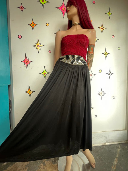 Embellished Black 80s 90s Silver Sequin Seam Western Goth Grunge Maxi Skirt