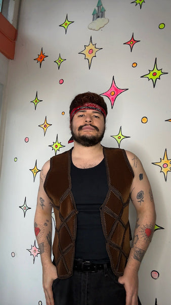 Vintage Brown Western Embroidered Vest | Crochet Panel Vegan Suede Boho Grunge L