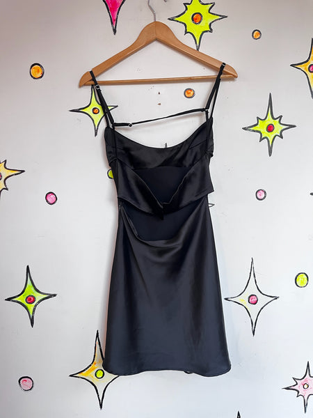 Y2K Satin Black Slip Dress | Coquette Mini LBD Minimalist Clubcore Party Dress S