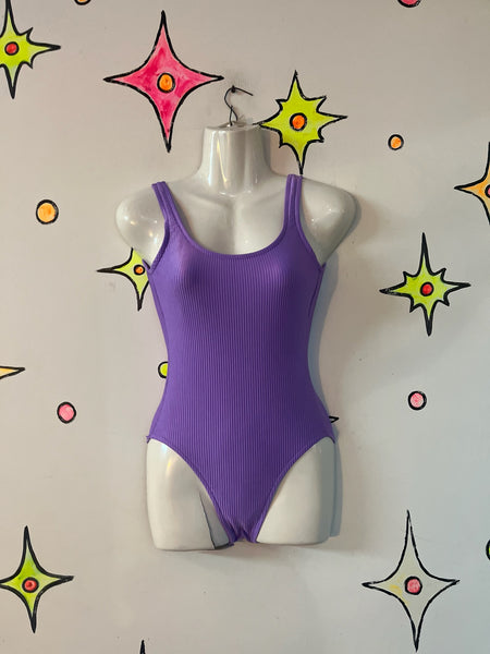 80s 90s Pastel Purple Swimsuit Ribbed One Piece Vintage Retro Swim or Bodysuit S