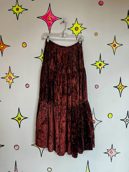 Vintage 90s Y2K Brown Crushed Velvet Boho Tier Maxi Skirt Fairy Grunge One Size