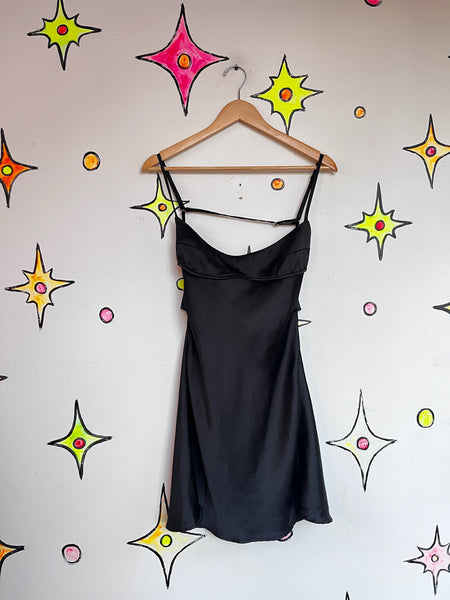 Y2K Satin Black Slip Dress | Coquette Mini LBD Minimalist Clubcore Party Dress S