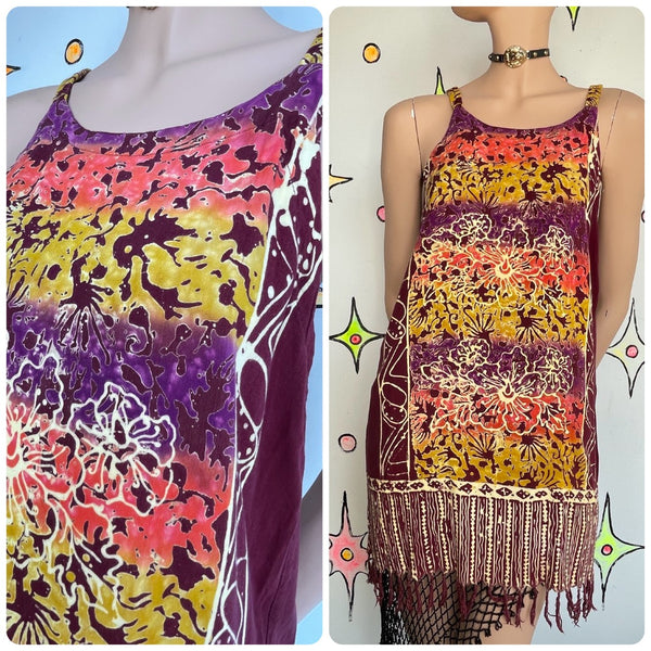 Hawaiian Summer Fringe Mini Dress Boho Grunge Tie Dye Western Cotton Festival ML