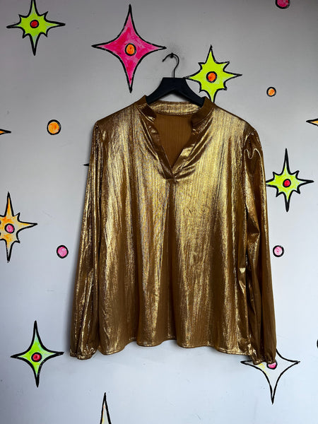 Vintage Y2K Golden Metallic Long Sleeve Blouse | Glam Disco Party Top – XL