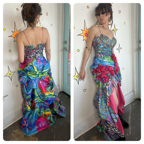 Y2K Bejeweled Peacock Prom Dress Maximalist Rainbow Hi-Low Glam Gown S