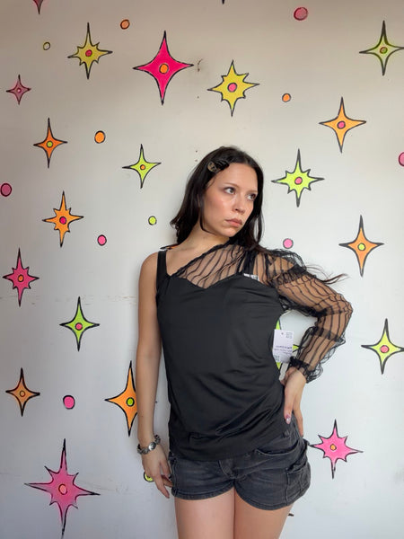 Black Lace Blouse Sheer Romantic Goth Top Asymmetrical Gothic Fairy XL