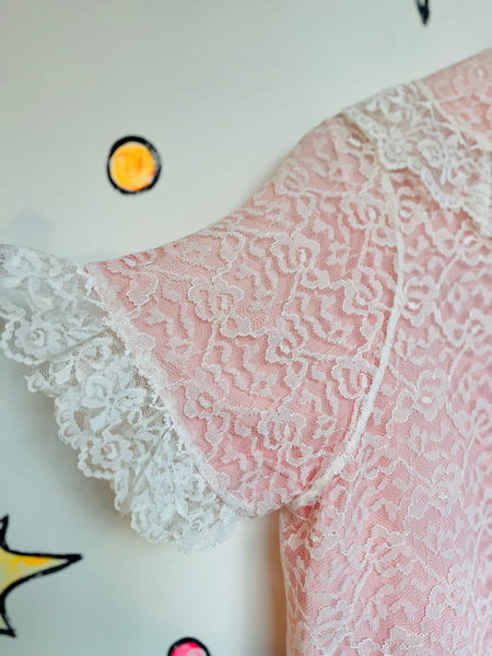 Vintage White Lace Pink Robe Victorian Romantic Babydoll Pegnoir Bed Jacket S/M