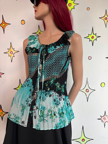 Pastel Turquoise Pleated Ruffled Floral Blouse Whimsy Fairy Soft Grunge Top L