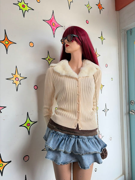 Vintage 90s Ann Taylor Off-White Cashmere Fur Trim Cardigan Coquette Glam S