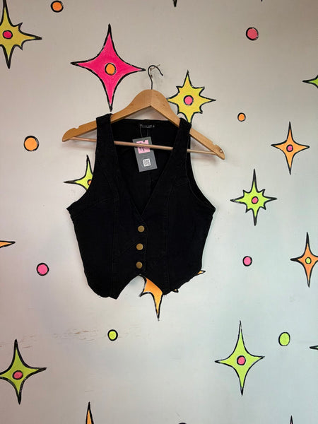 Y2K Black Denim Tailored Vest Indie Sleaze Mall Goth Academia Cropped M