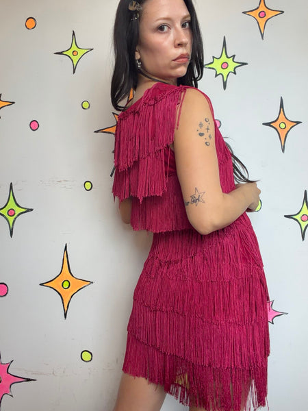 Raspberry Red Fringe Flapper Party Dress Roaring 20s / 60s Go-Go / Western M
