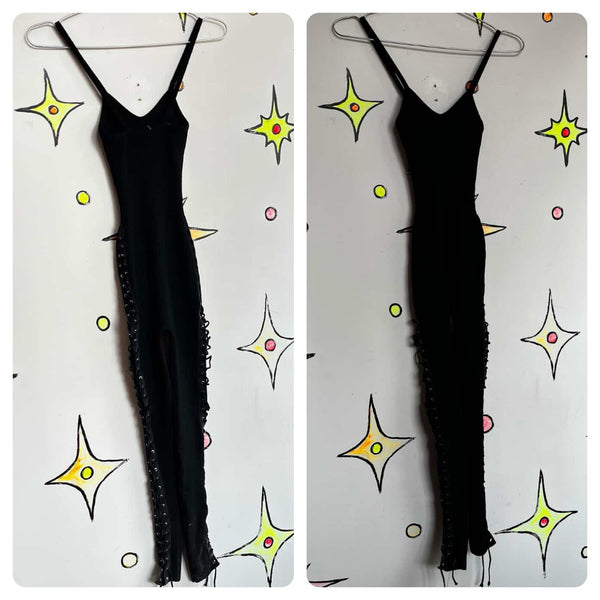 Y2K Black Ribbed Lace Up Cat Woman Stretch Catsuit Fairy Goth Layering Piece SM