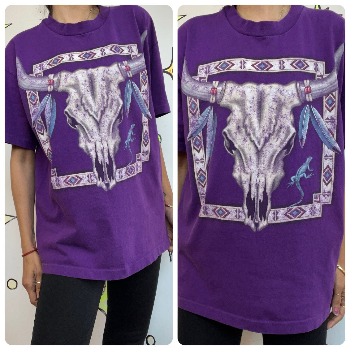 Vintage 90s Native American Dreamcatcher Skull Tee Purple Boho Grunge T Shirt L