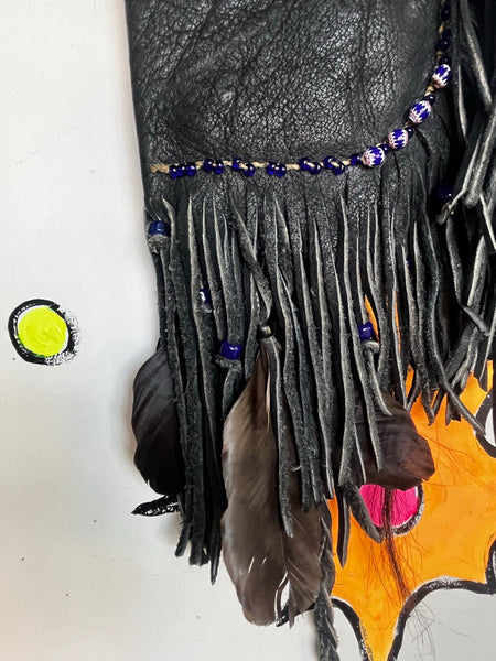 Vintage Leather Witch Bag Medicine Pouch Bone Feather Boho Goth Fringe Western