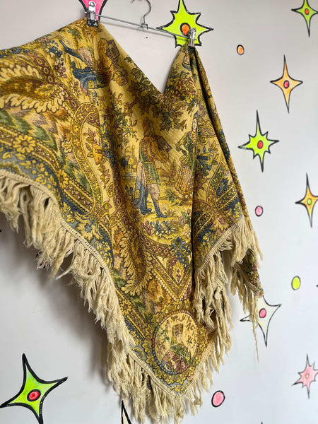 Antique 19th Century Russian Silk Tapestry Shawl – Woven Fringe Folk Textile
