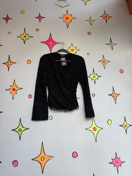 90s Black Sparkle Top Beaded Fringe Witchy Goth Glitter Stretch Wrap Blouse M