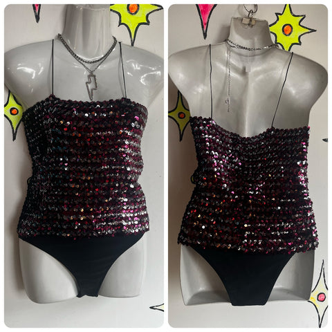 Vintage 70s | Silver Fuchsia Disco Sequin Stretchy Tube Top | Size M | Harry Acton for Party Collectibles