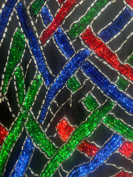 80s Rainbow Beaded Silk Top Art Deco Glam Disco Luxe Vegas Party Blouse S/M