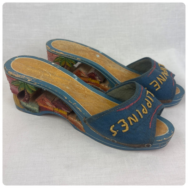 Vintage 1940s Hand Carved Painted Wooden Platform Heels Philippines Folk Art - 6