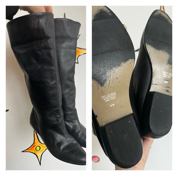 80s Black Slouch Boots Leather Riding Boots Dark Academia Romantic Goth 8