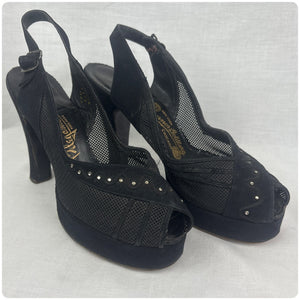 40s Black Mesh Suede Peep Toe Platform Heels Rhinestones Witchy Cha Cha – 6.5–7