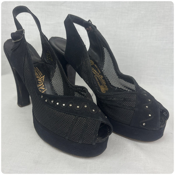 40s Black Mesh Suede Peep Toe Platform Heels Rhinestones Witchy Cha Cha – 6.5–7