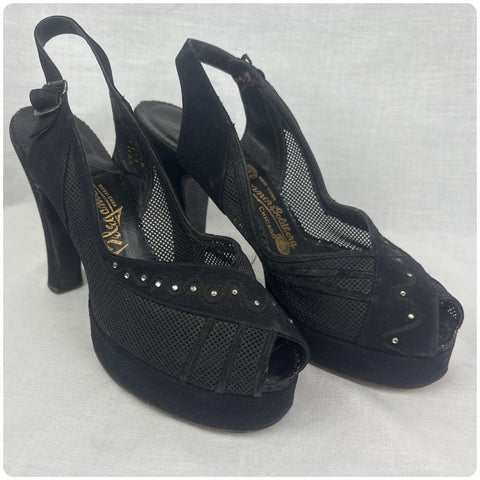 40s Black Mesh Suede Peep Toe Platform Heels Rhinestones Witchy Cha Cha – 6.5–7