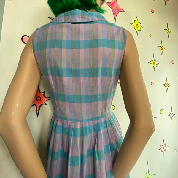 Vintage 50s Pastel Plaid Midi Dress Handmade Cotton Rockabilly Pin Up - Small