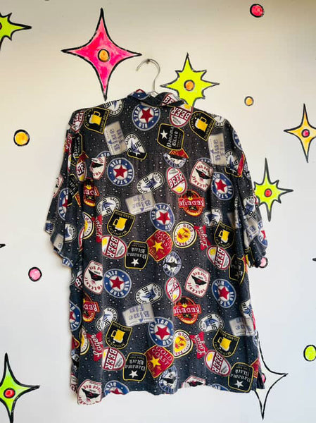 Vintage 90s Men's Beer Label Shirt - Wearable Art Retro Party Vibes - Size Large