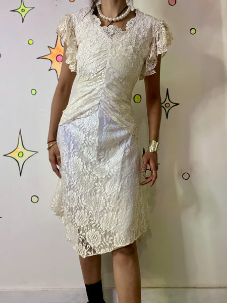 Vintage 1980s Prairie Dress Edwardian Lolita Rococo Lace & Pearls Flapper– XS