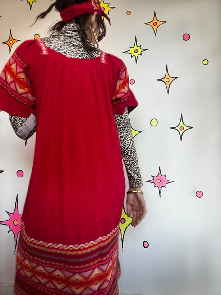 Vintage Mexican Embroidered Dress Red Oaxacan Folk Boho Fiesta Cotton - SM