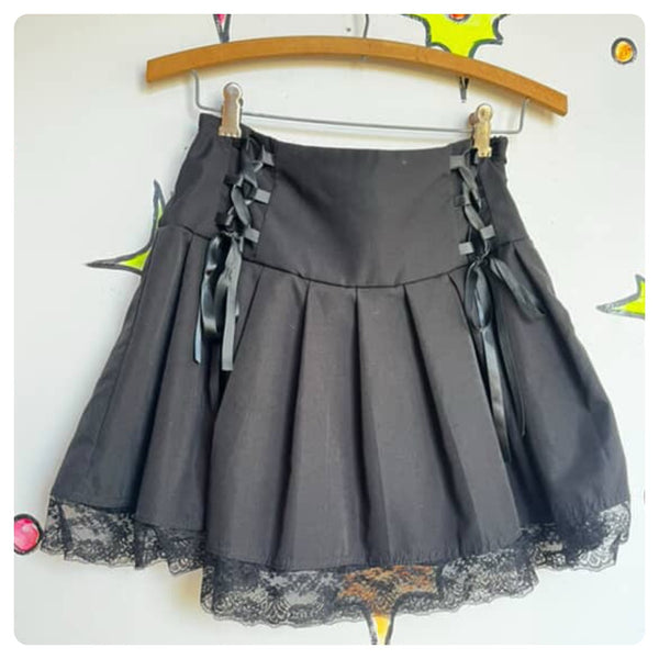 Vintage 90s Y2K Black Pleated Goth Fairy Coquette Babydoll Mini Skirt w Lace | S