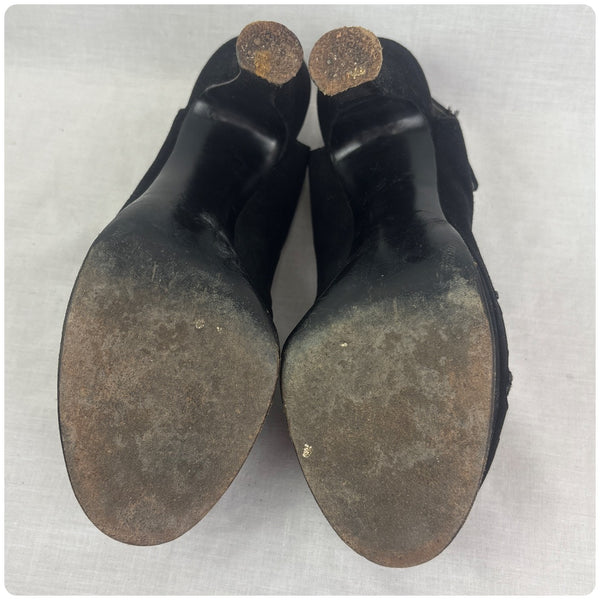 1940s Black Peep Toe Sling Back Suede Platform Pumps - Cha Cha Heels - 6 -6.5