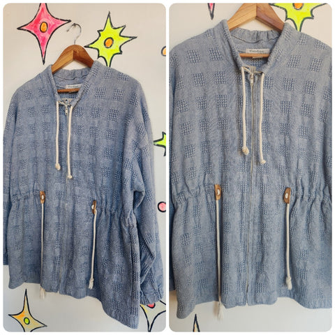 Vintage 90s | Blue Denim Oversized Boho Jacket with Drawstring Waist | Small