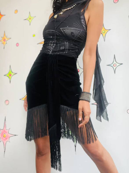 Y2K Meets 20s Black Velvet Fringe Skirt - Flapper Goth Whimsy - ZARA Size S