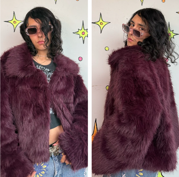 Y2K Purple Faux Fur Coat Plush Teddy Jacket Goth Glam McBling Cozy Grunge L XL