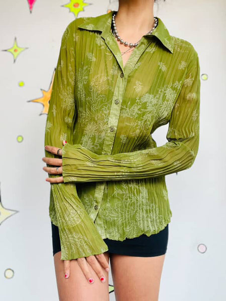 Vintage 90s Y2K Sheer Green Long Sleeve Fairy Grunge Whimsy Boho Blouse - M