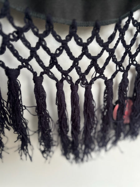 Witchy Black Western Boho Piano Shawl Scarf ' Fringe Red Floral Embroidery
