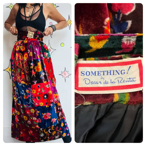Vintage 60s 70s Boho Velvet Patchwork Maxi Skirt w Belt - Oscar de la Renta – XS