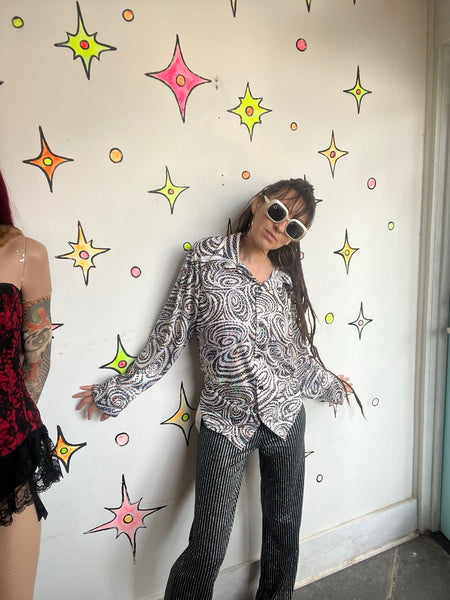 Vintage 90s Metallic Silver Irridescent Party Shirt - Rave Disco Clubwear M/L